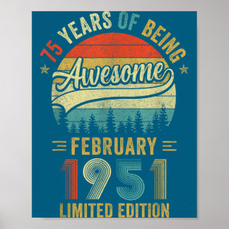 Vintage February 1951 Old 75th Birthday Men Women Poster