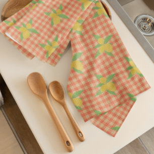 Vintage Feed Sack Lemons Faded Orange Red Checks Tea Towel