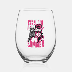 Vintage Feral Girl Summer Opossum Funny Racoon  Stemless Wine Glass
