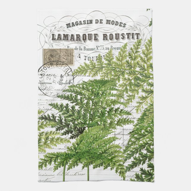 Vintage Fern French Script Kitchen Hand Towel (Vertical)
