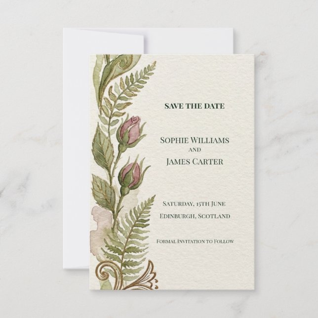 Vintage Fern Rose Save The Date Card (Front)