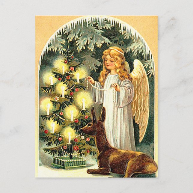 Vintage Festive Angel with Deer Holiday Postcard (Front)