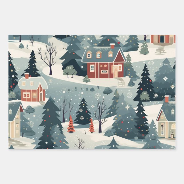 Vintage Festive Christmas Village Pattern Wrapping Paper Sheet (Front)