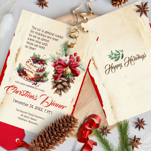 Vintage Festive Foliage Pine Cone Floral Christmas Invitation