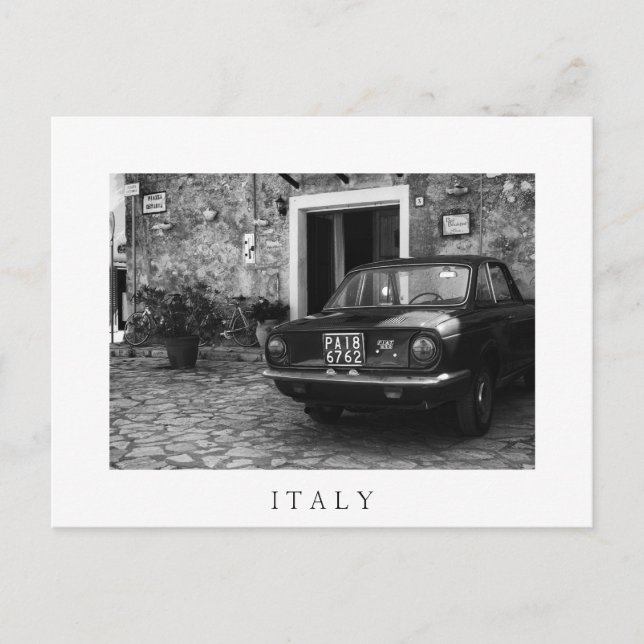 Vintage FIAT car in Italy in monochrome Postcard (Front)