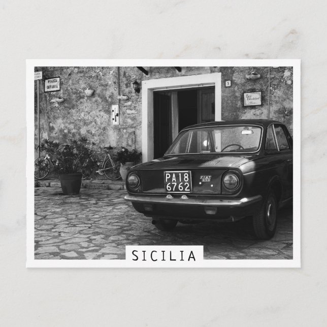 Vintage FIAT car in Italy in monochrome Postcard (Front)