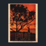 Vintage Fiji Travel Postcard<br><div class="desc">Vintage Fiji Cruise travel poster created using an original photo. The design features a Fijian warrior standing underneath a pandanus tree at sunset holding a Fijian War Club with the south pacific ocean in the background.</div>