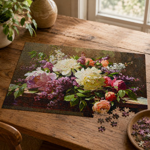 Vintage Fine Art Peony & Lilac Floral Bouquet Jigsaw Puzzle