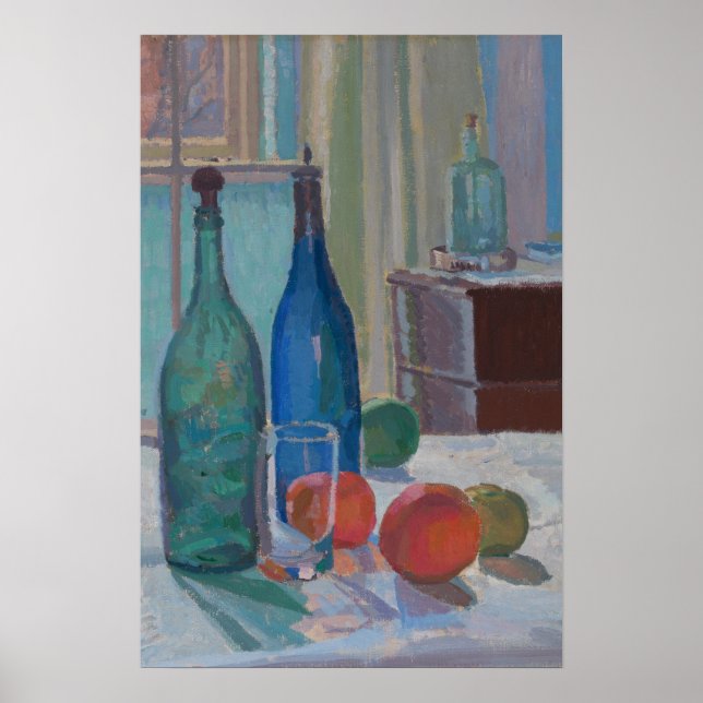 Vintage Fine Art Still-Life Painting Bottles Fruit Poster (Front)