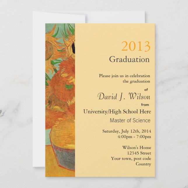 Vintage fine art twelve sunflowers graduation invitation (Front)