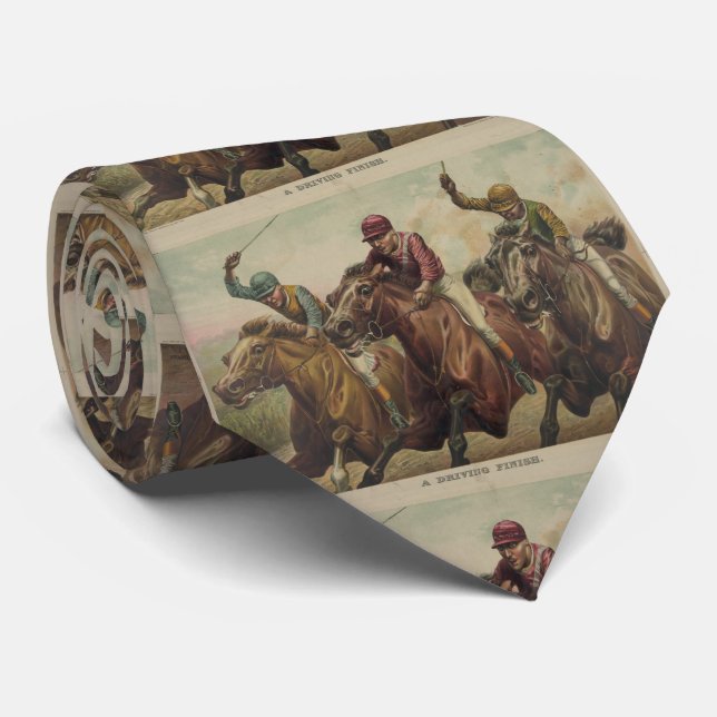 Vintage Finish Line Horse Jockeys Illustration Tie (Rolled)
