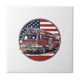 Vintage Fire Truck American Flag Circle Vector Shi Ceramic Tile