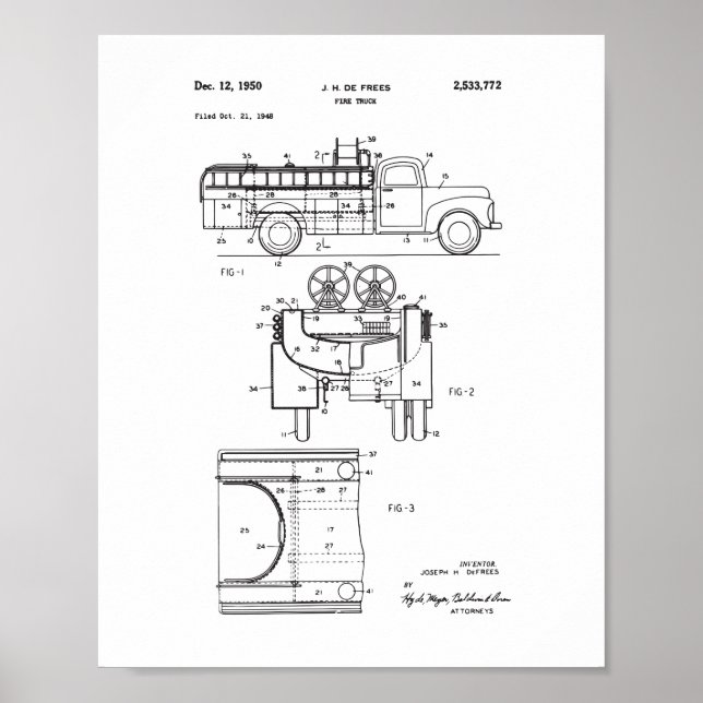 Vintage Fire Truck Patent Poster, Firefighter Poster (Front)