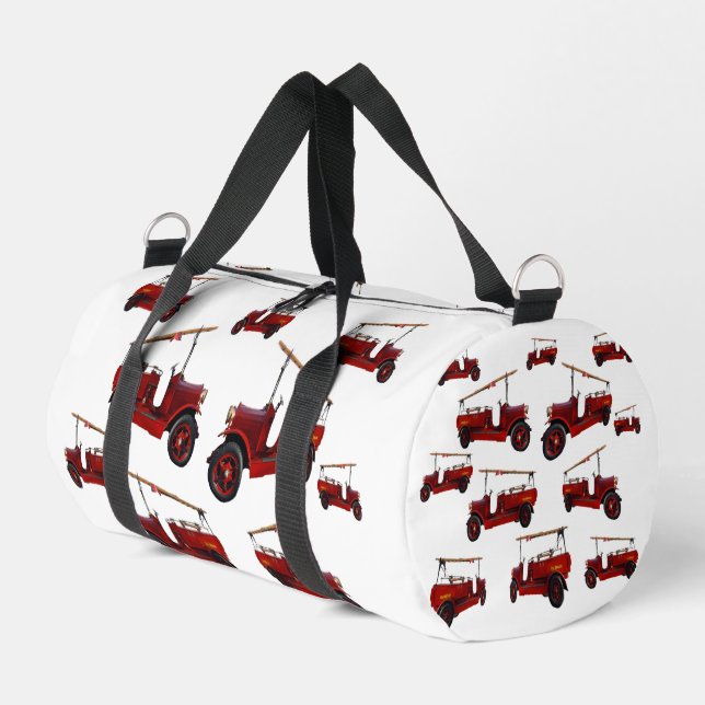 Vintage Fire Trucks Pattern, Duffle Bag (Left Corner)