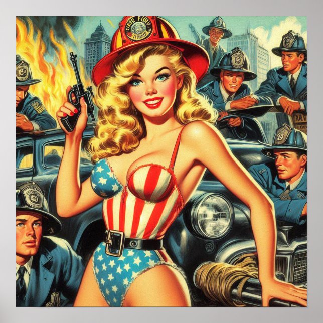 Vintage Firefighter Pin-up Poster (Front)