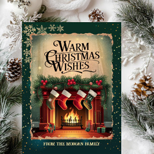 Vintage Fireplace Snowflakes Green Holiday Card