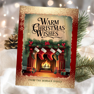 Vintage Fireplace Snowflakes Red Holiday Card