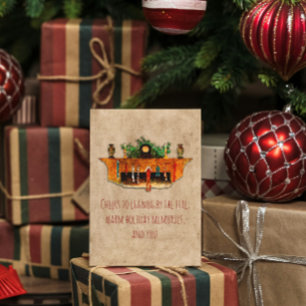 Vintage Fireplace Stockings Holly Cosy Christmas Holiday Card