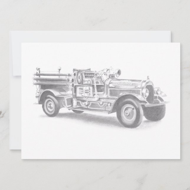 vintage firetruck pencil sketch fireman drawing announcement (Front)