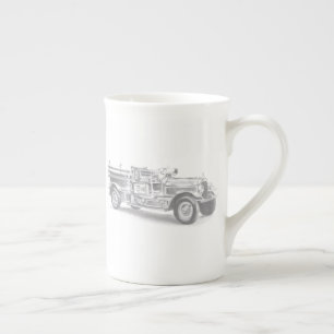 vintage firetruck pencil sketch fireman drawing bone china mug