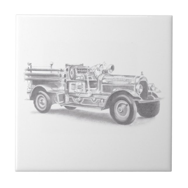 vintage firetruck pencil sketch fireman drawing  ceramic tile (Front)