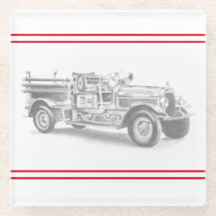 vintage firetruck pencil sketch fireman drawing glass coaster