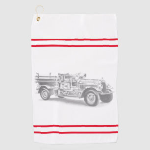 vintage firetruck pencil sketch fireman drawing golf towel