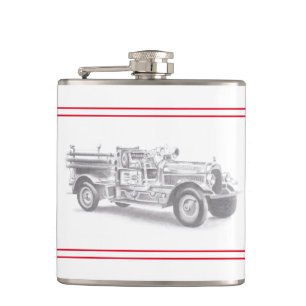vintage firetruck pencil sketch fireman drawing hip flask
