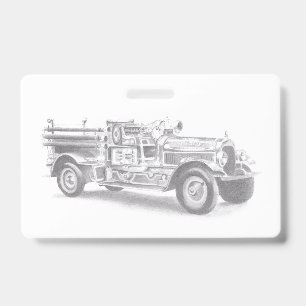 vintage firetruck pencil sketch fireman drawing ID badge