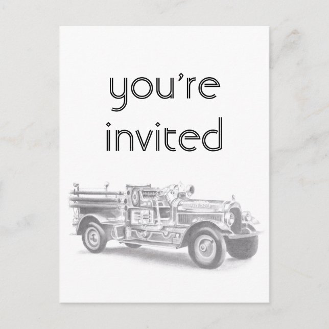 vintage firetruck pencil sketch fireman drawing invitation postcard (Front)