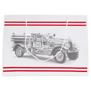 vintage firetruck pencil sketch fireman drawing  large gift bag