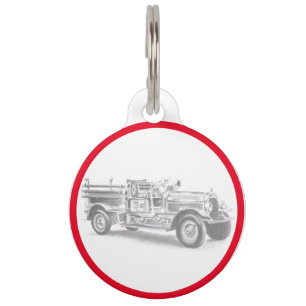 vintage firetruck pencil sketch fireman drawing pet tag