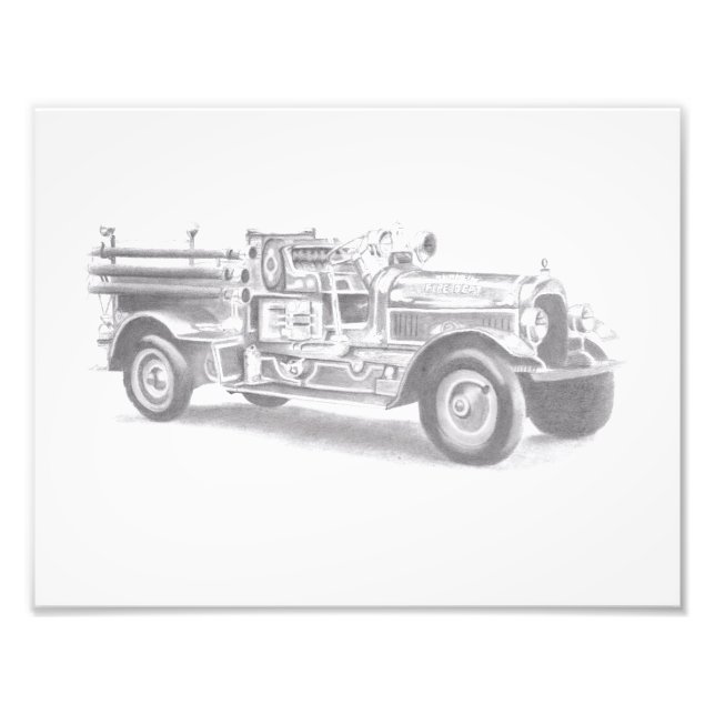 vintage firetruck pencil sketch fireman drawing  photo print (Front)
