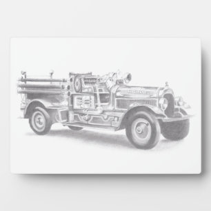 vintage firetruck pencil sketch fireman drawing plaque