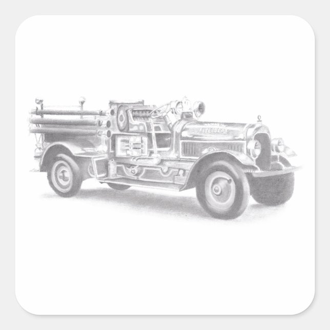 vintage firetruck pencil sketch fireman drawing square sticker (Front)
