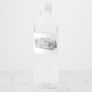 vintage firetruck pencil sketch fireman drawing  water bottle label