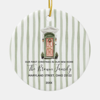 Vintage First Christmas In New Home Green Stripes Ceramic Ornament