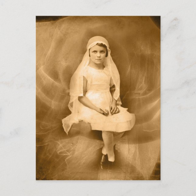 Vintage First Communion Girl, Dress, Veil, Rose Postcard (Front)