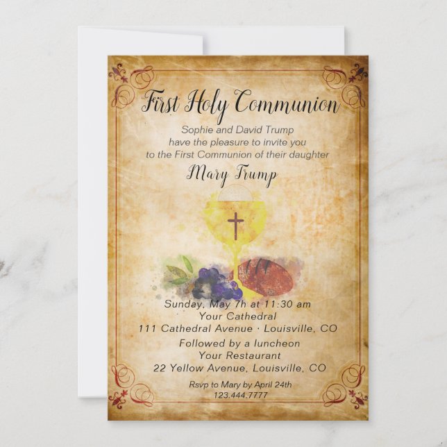 Vintage First Holly Communion Invitation (Front)