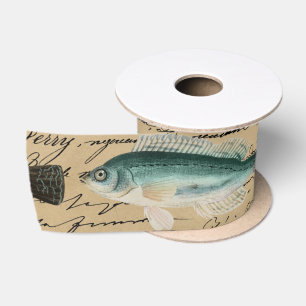 Vintage Fish Art Handwriting Text Cream Colour Fis Satin Ribbon