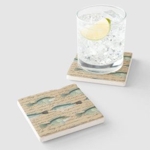 Vintage Fish Art Handwriting Text Cream Colour Fis Stone Coaster