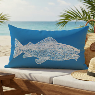 Vintage Fish Bright Blue and White Coastal Outdoor Lumbar Cushion