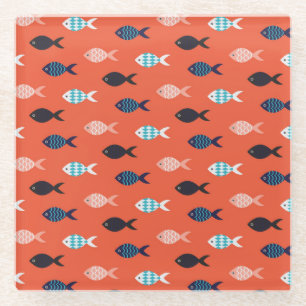 Vintage fish, coral red pattern. glass coaster