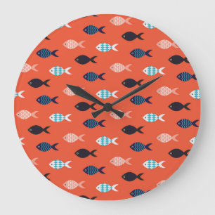 Vintage fish, coral red pattern. large clock