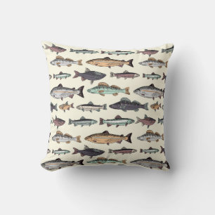 Vintage fish drawings, seamless pattern. cushion