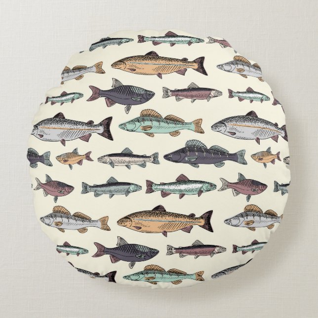 Vintage fish drawings, seamless pattern. round cushion (Front)