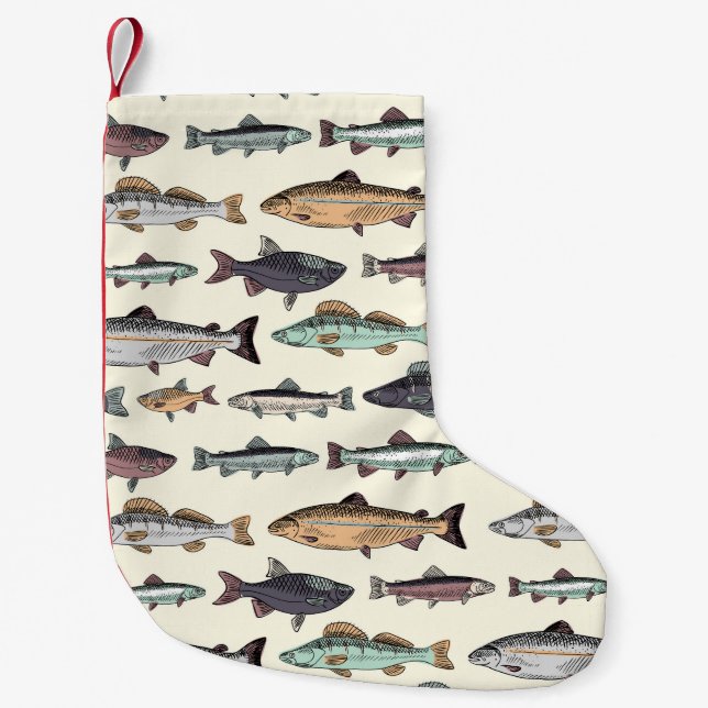 Vintage fish drawings, seamless pattern. small christmas stocking (Front)