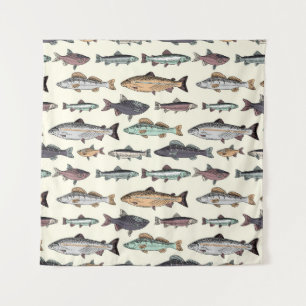 Vintage fish drawings, seamless pattern. tapestry