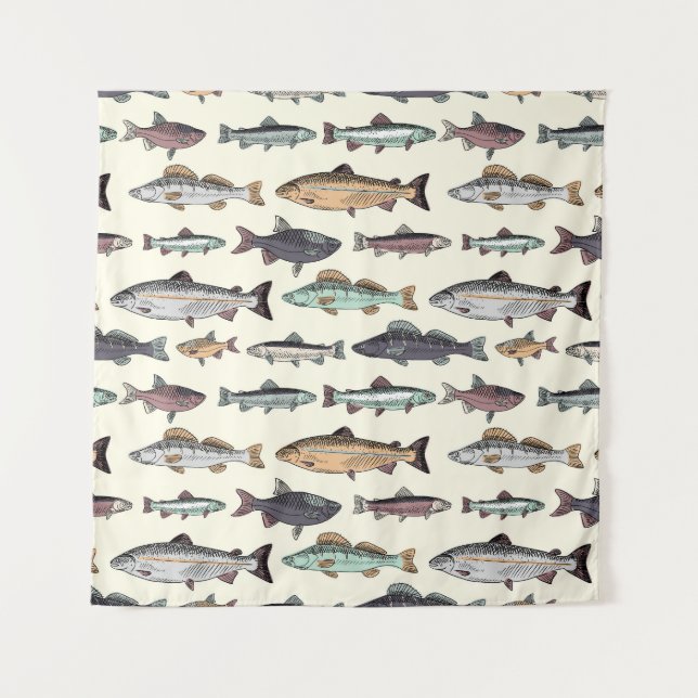 Vintage fish drawings, seamless pattern. tapestry (Front)