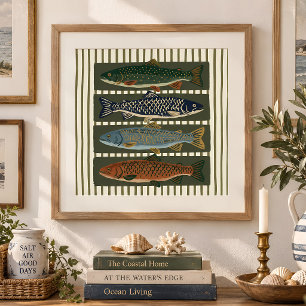Vintage Fish Folk Art Poster for Cabin Wall Decor